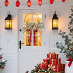 Christmas Metal Ring Wreath 7.28inch Metal Hoop with Floral Flowers Christmas Wreath with Red Bow Ribbon Floral for Front Door Winter Wall Decoration (Gold)
