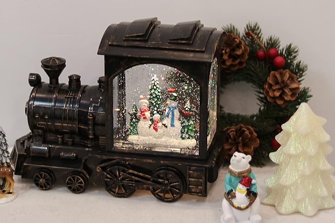 Christmas Musical Snow Globe Lantern Battery Operated with 6 Hour Timer, Snowman Lighted Snow Globe Train Spinning Water Swirling Glitter Christmas Decoration Gifts(10.6 x 4.3 x 8.3 Inches)