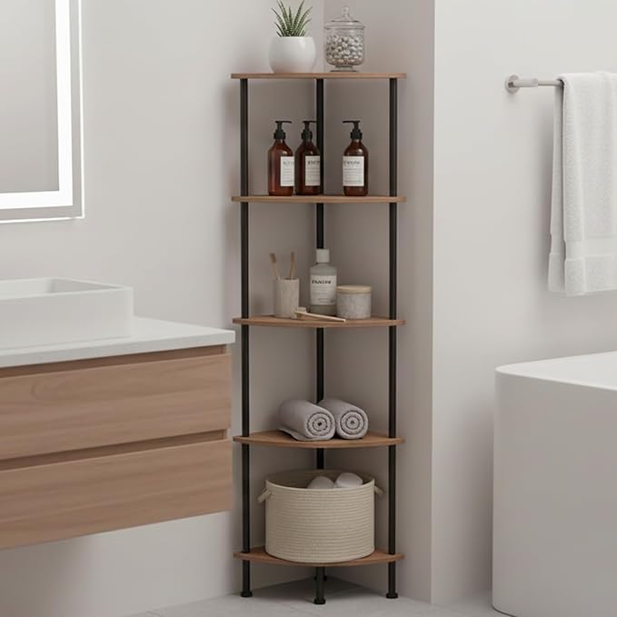 5-Tier Corner Shelf Stand, 52" Industrial Corner Display Rack for Living Room, Bookshelf, Tall Display Shelf, Plant Stand, Storage Standing Shelf for Bedroom, Bathroom, Kitchen, Brown