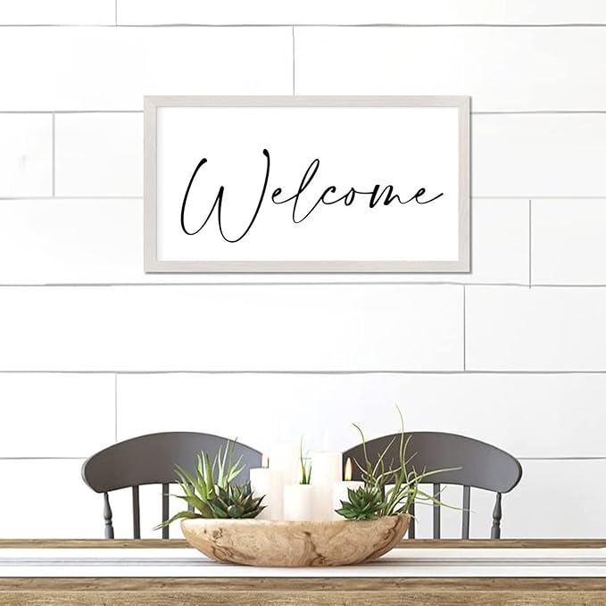 Retro Style Positive Saying Wood Sign with Religious Quotes Welcome White Frame Wooden Plaque for Bathroom Farmhouse Cottage Garden Yard Porch Cafe Bar Wall Decor Birthday Housewarming Gift 12x22in