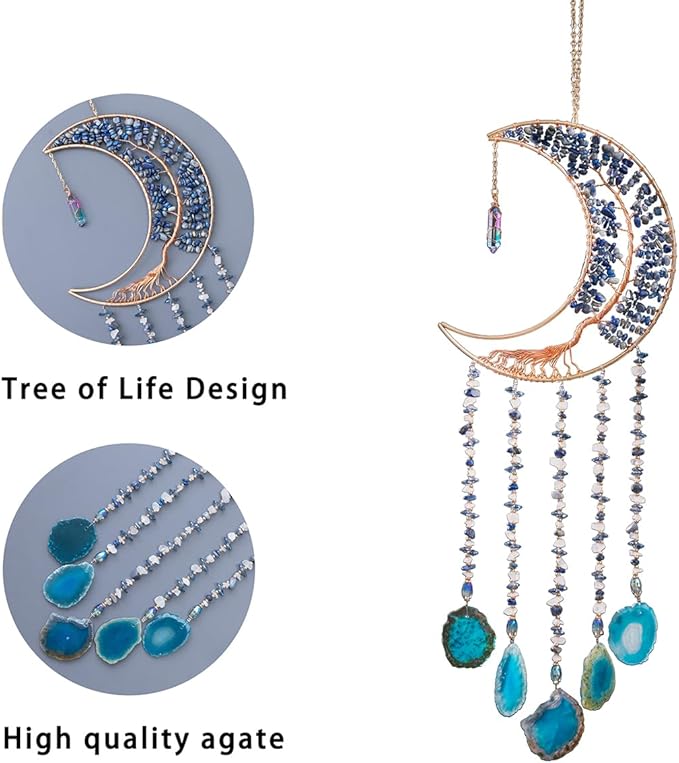 Agate Moon Dream Catchers with Crystal 7 Chakra Gemstone Dream Catchers Color Natural Gem Agate Wall Hangings Room Garden Dreamcatchers Decor (Lake Blue)