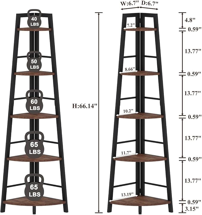 BON AUGURE 5-Tier Corner Ladder Shelf Stand, Black Metal Wood Corner Bookshelf, Narrow Tall Display Bookcase Shelving Unit for Living Room, Home Office, Small Space (Rustic Oak)