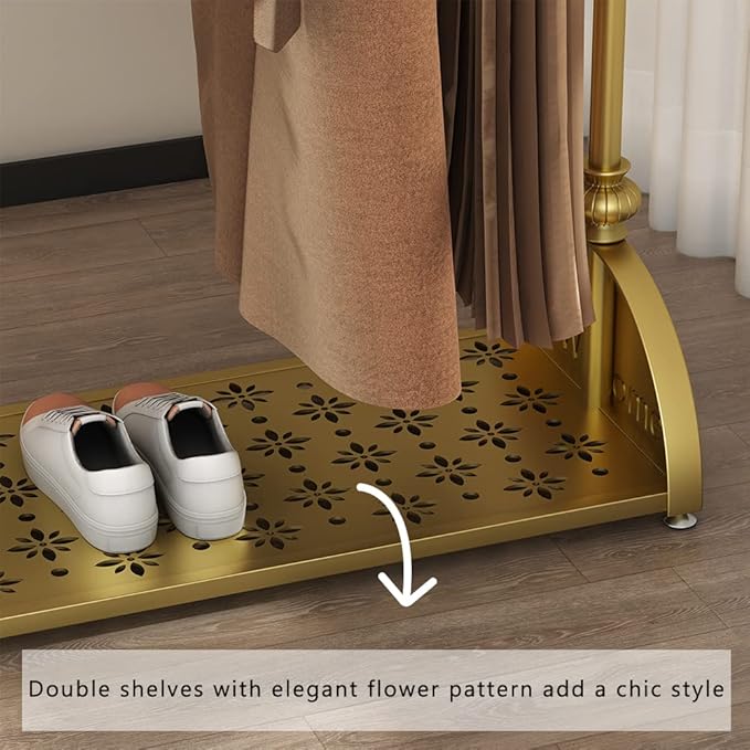 Clothing Rack Gold, Industrial Clothes Rack for hanging Clothes with Double Shelves Freestanding Multi-functional Heavy Duty Garment Rack, Metal Movable Portable Coat Rack for Organizing Clothes Shoes