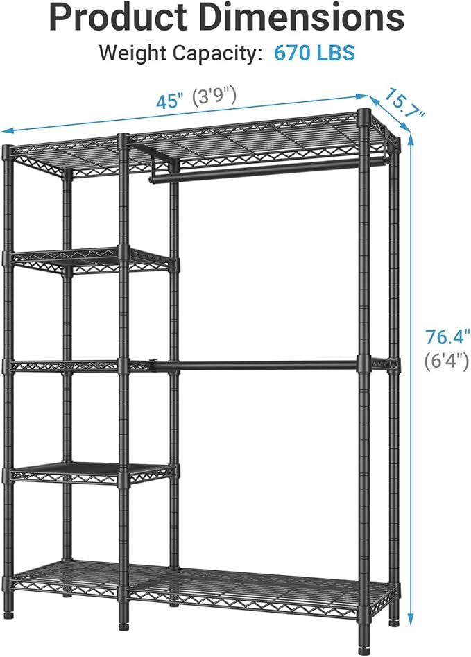VIPEK V7C Garment Racks with Cover Portable Closets for Hanging Clothes, Heavy Duty Clothes Rack with Shelves Metal Closet Wardrobe, Max 670lbs, Black Rack with Black Upgraded Polyester Cover