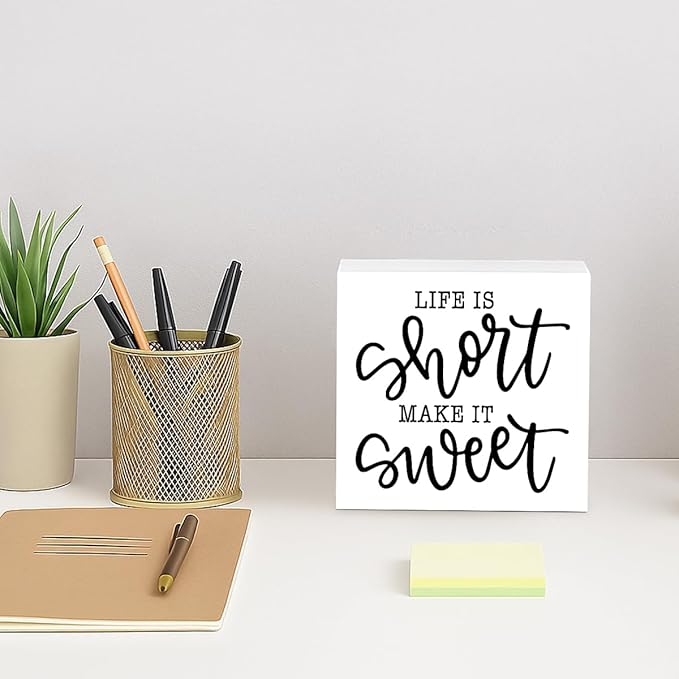 Farmhouse Wooden Signs, Life Is Short Make It Sweet Sign, Country Wood Signs, Home Decor, Gift For Her, Housewarming Gift, Box Sign Decor Tabletop, 5.1x5.1inches