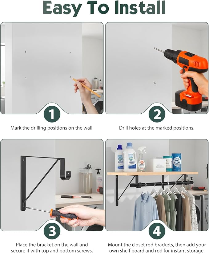 6 Pack Closet Rod Bracket, Heavy Duty Closet Rod Support with Rod Holder, Wall Mounted Closet Shelf Brackets with Triangle Stabilizing Design for Closet, Bathroom and Kitchen, Black