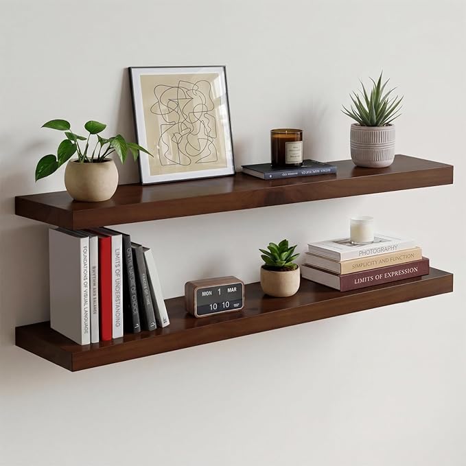 Homeforia Walnut 36 inch Floating Shelf, High End Solid Real Wood 36inch Large Shelves for Bathroom Wall, Dark Brown 36 inches Long Floating Shelves, Heavy Duty Bracket, 36 X 6.5 X 1.75 inch, Set of 3