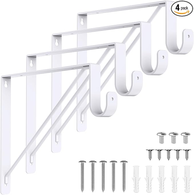 4 Pack Closet Rod Bracket, Heavy Duty Closet Rod Support with Rod Holder, Wall Mounted Closet Shelf Brackets with Triangle Stabilizing Design for Closet, Bathroom and Kitchen, White