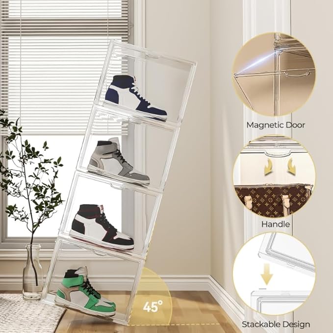 15.75''x11.81''x9.84'' XX-Large Clear Shoe Storage Boxes with Divider, Stackable Plastic Boot Boxes with Magnetic Door, Acrylic display case Box with Lids for Sneaker Purses Handbags Books (3)