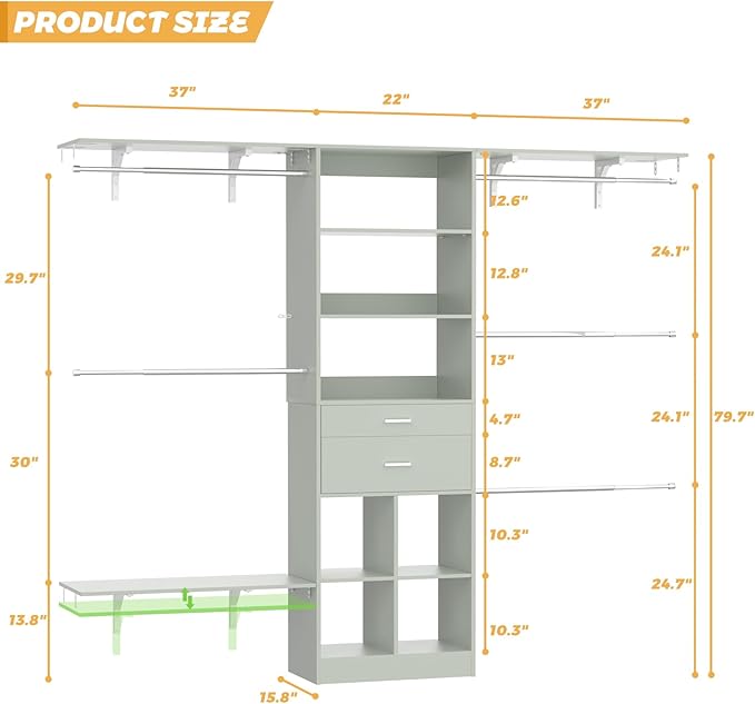 Closet System - 8FT Closet Organizer System with Wooden Drawers, 96" Closet Systems for Walk-In Closets with Cuttable Hanging Shelving, Green