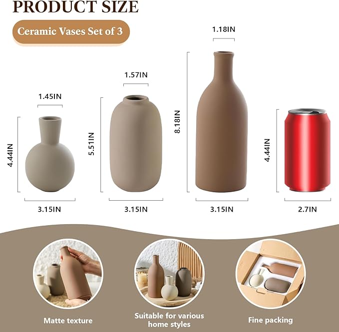 Textured Ceramic Vase Set of 3, Neutral Modern Farmhouse Decor for Pampas Grass Dried Flowers, Neutral Brown & Gray Pottery Vases for Living Room, Mantel, Shelf, Bedroom, Bathroom