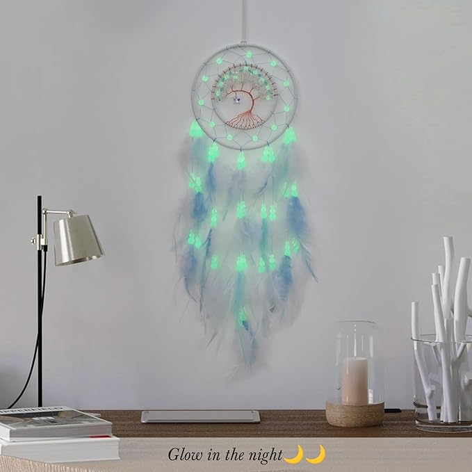 Pretty Jolly White Tree of Life Dream Catcher Wall Decor with Luminous Beads Handmade Crystal Stones Dreamcatchers Wall Hanging with Small Butterfly Pendant for Bedroom Wedding Party Wish Gift
