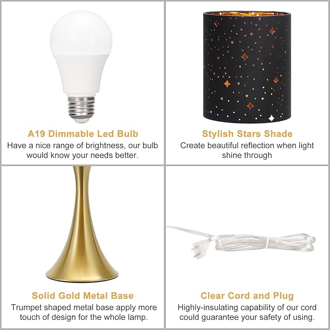 Touch Lamp for Bedroom, 3 Way Dimmable Gold Table Lamp with Black Starry Shade, Decorative Nightstand Lamp Ambient Beside Light for Living Room, Guest Room, Office 3000K LED Bulb Included