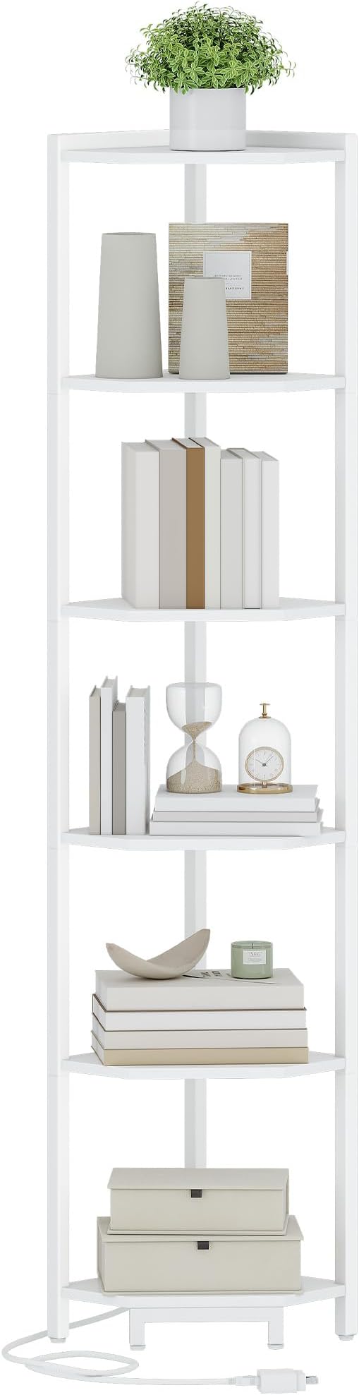 Hzuaneri Corner Shelf with LED Light, 6-Tier Corner Bookshelf, Tall Narrow Display Bookcase with Metal Frame, Standing Shelf for Small Space, Living Room, Home Office, Bedroom, White CS66613W