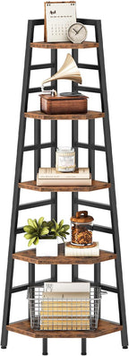 CHOEZON 70.1-Inch 5-Tier Tall Corner Shelf, Narrow Bookshelf for Small Spaces, Industrial Bookcase Display Stand for Living Room, Bedroom, Office, Rustic Brown TCJ25BF