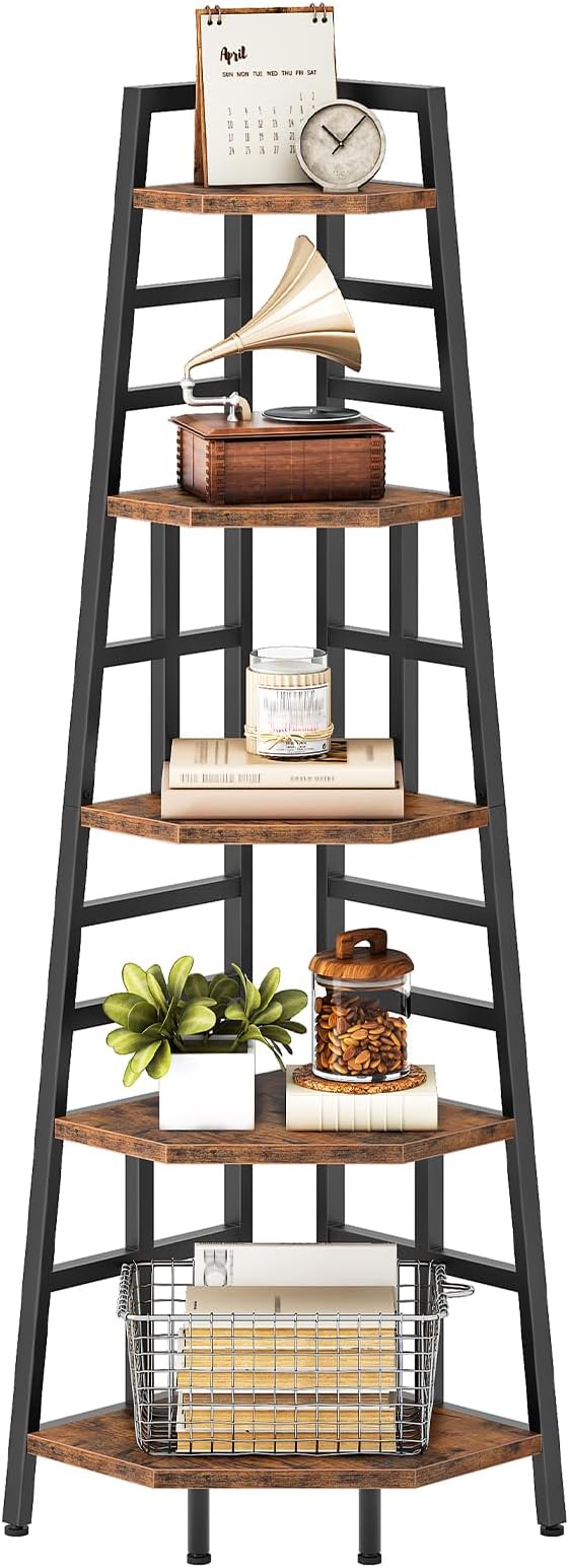 CHOEZON 70.1-Inch 5-Tier Tall Corner Shelf, Narrow Bookshelf for Small Spaces, Industrial Bookcase Display Stand for Living Room, Bedroom, Office, Rustic Brown TCJ25BF