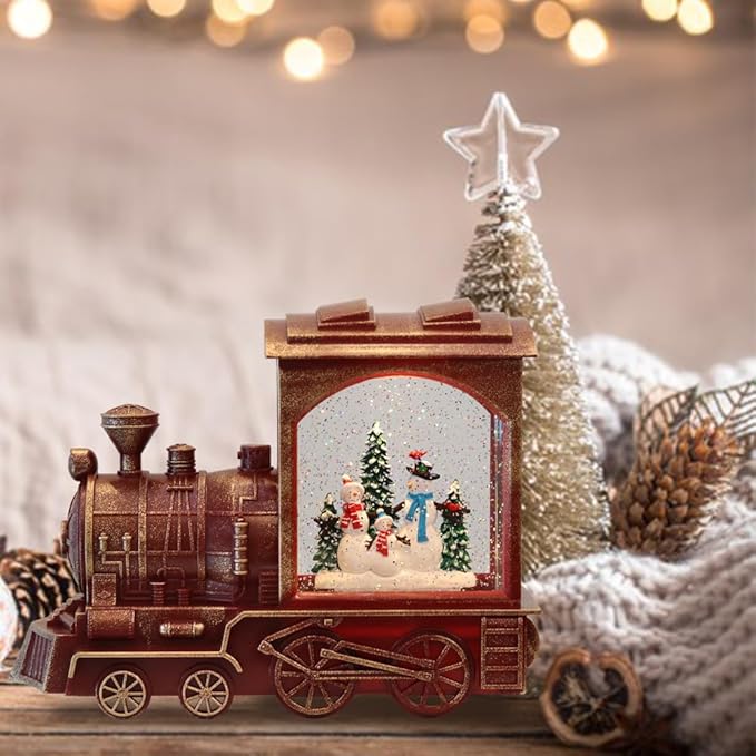 Musical Christmas Snow Globe Lantern Battery Operated with 6 Hour Timer Spinning Water Red Train Singing Lighted Snow Globe Lamp Holiday Decoration Gift(Snowman, 10.6 x 4.3 x 8.3 Inches)