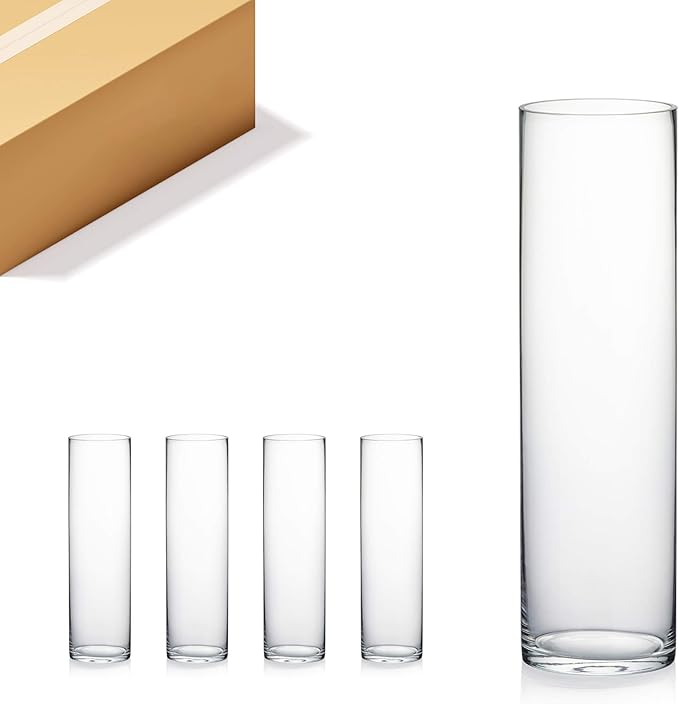 WGV Cylinder Vase Bulk, Diameter 5", Height 18", Clear Glass Floral Planter Container, Tall Centerpiece Arrangement for Wedding Party Event Home Office Decor, 4 Pieces