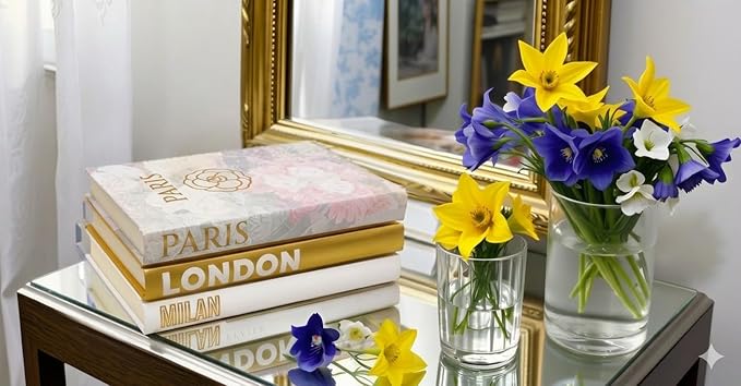 Decorative Books for Home - Shelf Decor Accents - Set of 3 - Modern Hardcover Book Stack - Matte Gold Coffee & Entry Table Decoration - Contemporary Display - Fashion Designer Dresser Aestethics