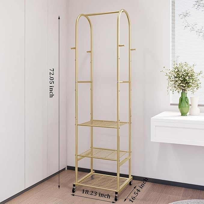 SUOERNUO Clothes Rack With Wheels and 3-Tier Metal Shelves,Clothing Rack For Hanging Clothes With 4 Hooks,Garment Rack Wardrobe Organizer for Small Space,Black (gold, 16.54 * 18.23 * 72.05)