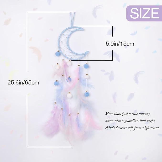 Pretty Jolly Blue Moon Kids Dream Catcher Wall Decor Pompom Feather Baby Dreamcatcher Handmade Children Dream Catcher Home Décor Wall Hanging for Nursery Bedroom Boys Girls Birthday Gift-25.6in