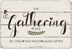 Funny Kitchen Signs Decor-Personalized Kitchen Metal Sign-Kitchen Counter Accessories-12x8 Inch Hanging Plaque Home Farmhouse Wall Decorations-The Gathering Place Sit Long Talk Much Laugh Often
