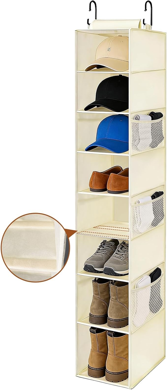 VERONLY Hanging Shoe Organizer for Closet with 8 Shelves,Mesh Pockets-Wider Hanging Shelves for Shoes,Clothes,Hats With Sturdy Bamboo-Supported Design (Beige)