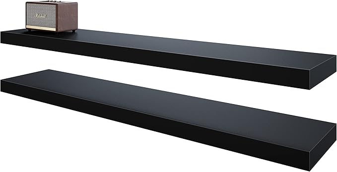 BAMEOS 47in Floating Shelves, Black Wall Mounted Wooden Shelves with Invisible Brackets Set of 2