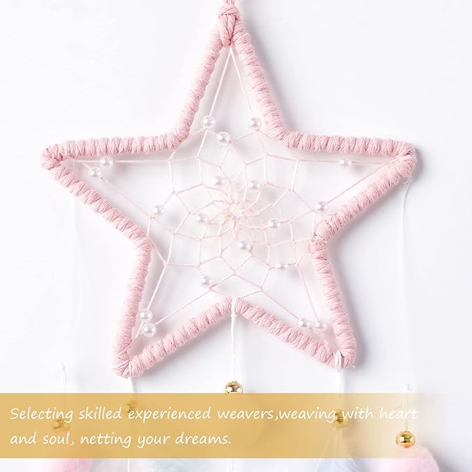 Pretty Jolly Pink Star Kids Dream Catcher Wall Decor Pompom Feather Baby Dreamcatcher Handmade Children Dream Catcher Home Décor Wall Hanging for Nursery Bedroom Boys Girls Birthday Gift-25.6in