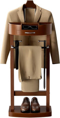 Wooden Suit Valet Stand for Men, Clothes Valet with Drawer, Shoe Rack, Tie Rack and Trouser Bar, Freestanding Clothes Organizer for Bedroom Entryway