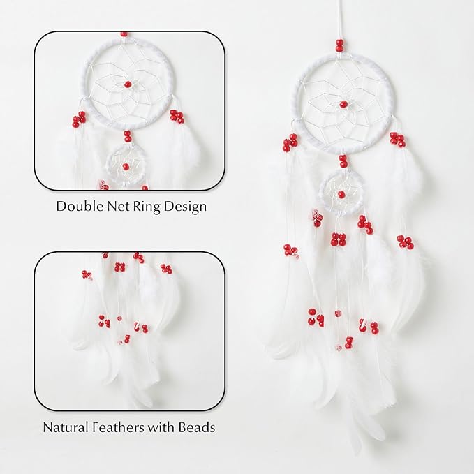 Pretty Jolly Indian Small White Dream Catchers Wall Decor Handmade Feathers Native Mini Dreamcatchers Home Decoration Ornament for Bedroom Birthday Party-2 Rings