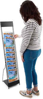 Portable Magazine Rack with 10 Pockets for 8.5x11 Catalogs, Carry Bag Included, 54"h Floor-Standing Literature Display with Tiered Design, Steel (Black)