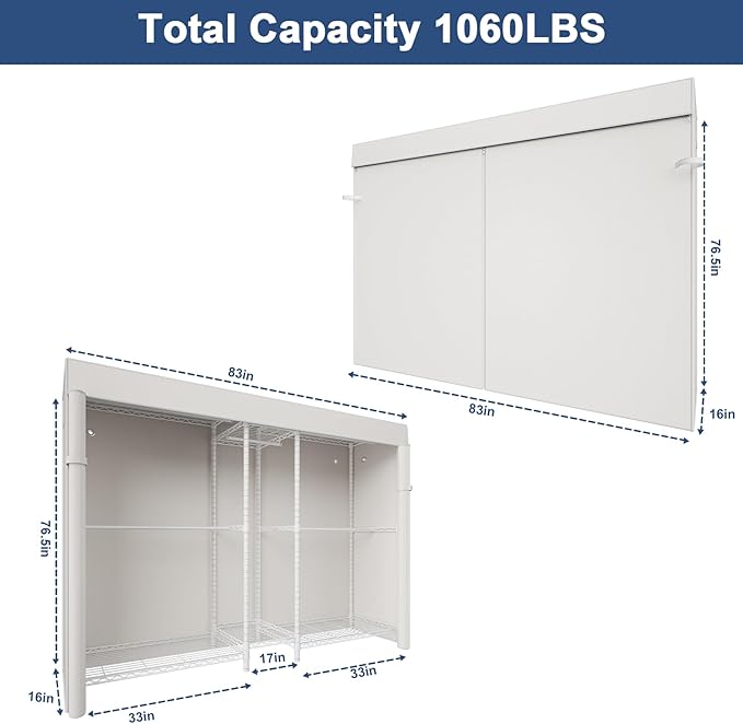Ulif E12C Max Heavy Duty Closet Organizer System，Freestanding Clothing Rack, Adjustable Garment Rack 83" W x 16" D x 76.5" H Holds 1060 lbs, White Clothing Rack with White Dustproof Cover