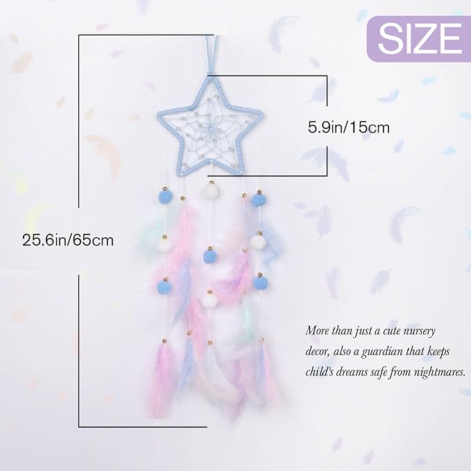 Pretty Jolly Blue Star Kids Dream Catcher Wall Decor Pompom Feather Baby Dreamcatcher Handmade Children Dream Catcher Home Décor Wall Hanging for Nursery Bedroom Boys Girls Birthday Gift-25.6in