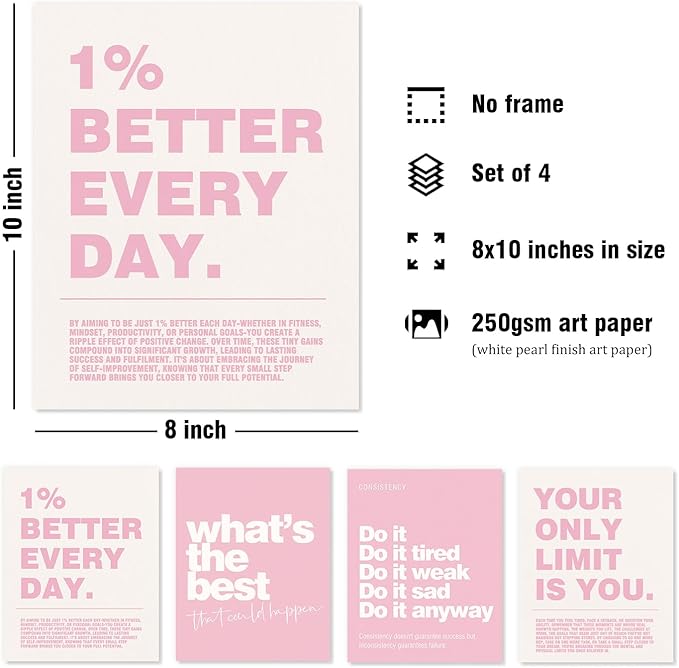 DSHFG Motivational Inspirational Office Wall Art Decor Prints Set of 4, Pink Motivational Wall Decor Trendy Retro Posters for Office Home Decor, 8x10 Unframed