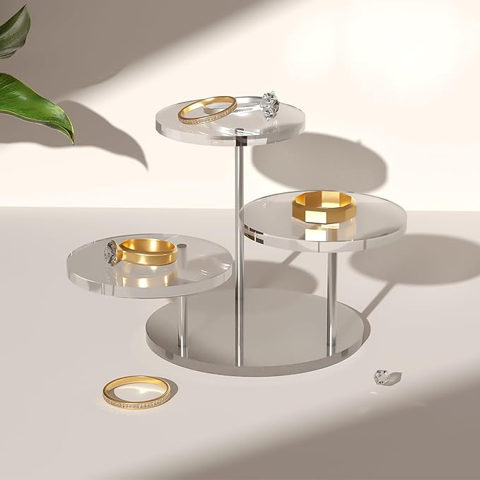 Round Acrylic Display Riser Stands, 3 Tier Jewelry Display Stands for Rings Earrings Mini Figurines 1 Pack(Clear)
