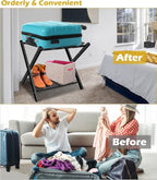 mocomax 1 Pack Folding Luggage Rack for Guest Room, Foldable Suitcase Stand Holder with Metal Storage Shelf for Bedroom, Living Room, Hotel Essentials, Heavy Duty Steel Frame, Black