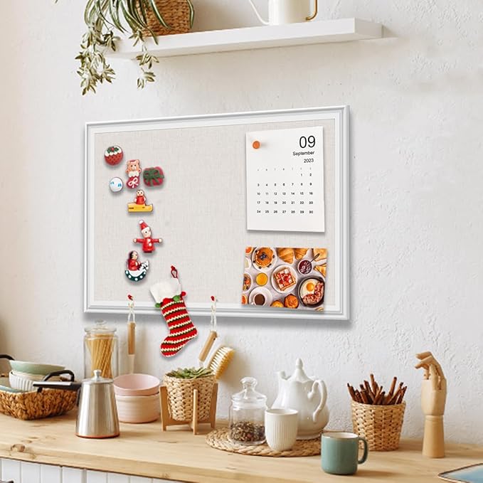 Linen Bulletin Board,Pin Boards for Walls,Fabric Bulletin Board,White Wood Frame Beige Linen,23.6"x35.4",Large Pin Board for Office,Home Kitchen, Vision Cork Board (WH-6090)