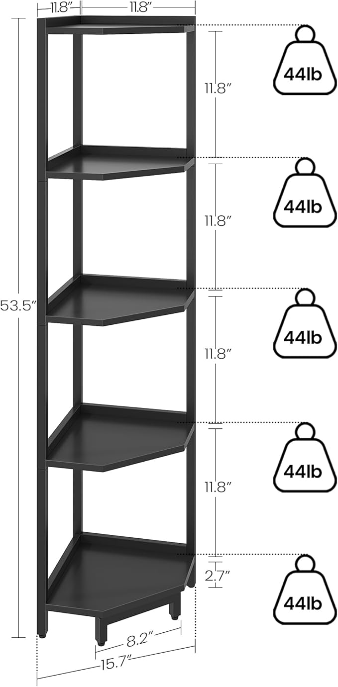 Hzuaneri Corner Shelf Stand, Corner Bookshelf, Storage Standing Shelf Unit with Metal Frame, Plant Stand, Bookcase for Living Room, Home Office, Bedroom, 5-Tier Black CS05906B