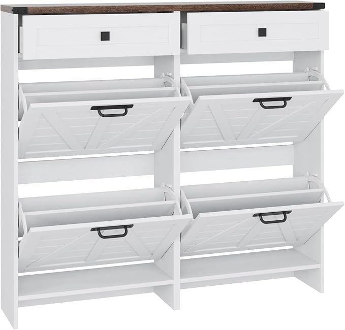 Shoe Cabinet with 4 Flip Drawers & 2 Drawers,Farmhouse Shoe Storage Cabinet for Entryway,Slim Freestanding Organizer Rack for Front Door Entrance,White