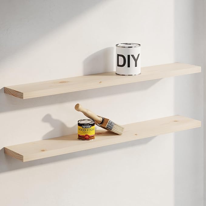Homeforia Wood 48 inch Floating Shelf, High End Solid Natural Wood 48inch Floating Shelves for Wall Mounted, Unfinished Wooden Large Floating Shelves, Heavy Duty Bracket, 48 X 6.5 X 1.75 in, Set of 3