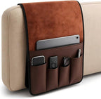 Anti-Slip PU Leather Velvet Sofa Couch Chair Armrest Soft Caddy Organizer Holder with 5 Pockets for Phone, Book, Magazines, TV Remote Control - Draped Over Sofa, Couch, Recliner Armrest (Brown)