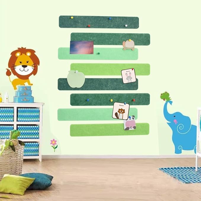 Vuzvuv 8Pcs Green Cork Board Bar Strips with 50 Pushpins & Sticky Notes, Self-Adhesive Bulletin Board Strips No Damage for Wall, Felt Pin Board for Paste Notes, Photos, Schedules Office Decor