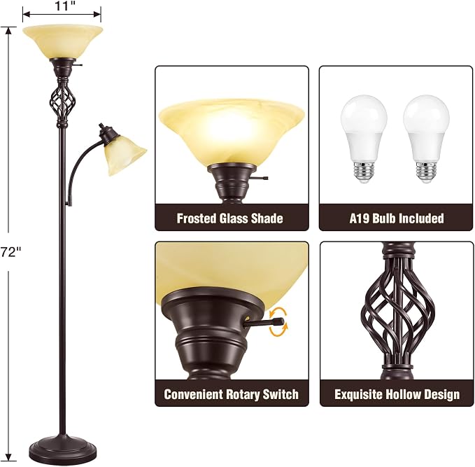 GyroVu Torchiere Floor Lamp for Living Room, LED Standing Reading Light for Bedroom with Glass Shade for Living Room Corner Bedroom Home Office,Bulbs Included (Yellow Lampshade, Glass 2 Head)