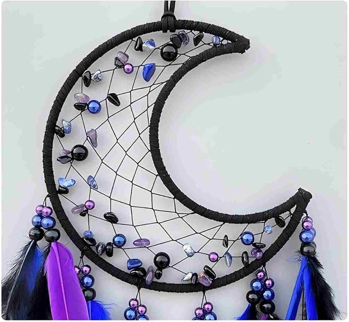 Moon Dream Catcher Handmade for Bedroom Purple and Blue Feather Dream Catchers for Home Decoration Ornaments for Bedroom Wall Hanging (Purple Feather - 1pc)