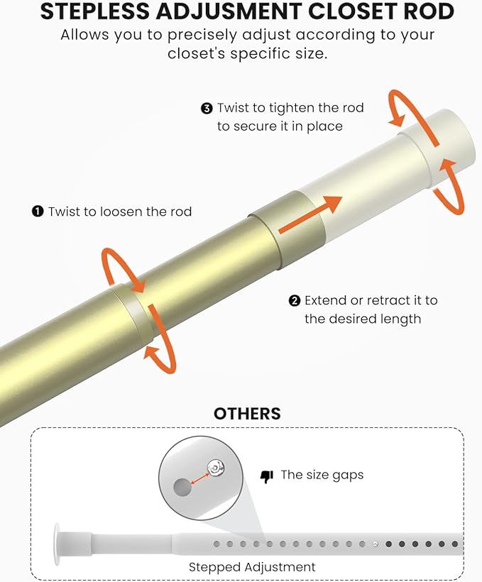 Closet Rods for Hanging Clothes, 17 to 39 Inches Stepless Adjustable Metal Closet Rod, 1.3 Inches Heavy Duty Clothes Hanging Rod for Closet Wardrobes Laundry RV, Verdant Gold