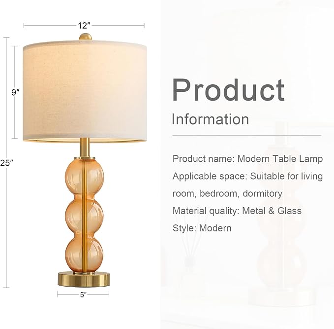 Oneach 25" Amber Glass Table Lamps for Living Room, Glass Modern Table Lamp Set of 2, USB Charging Ports, Linen Shade, Bedside Lamps for Bedroom, Nightstand, Side Table (Bulbs not Included)