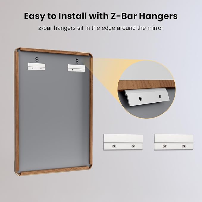 LOAAO 24X32 Inch Bathroom Mirror with Wood Grain Colored Metal Frame, Rounded Rectangle Metal Framed Bathroom Mirror, Anti-Rust, Hangs Horizontally or Vertically