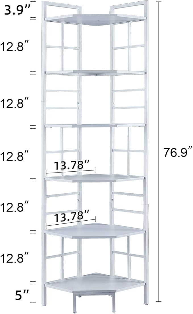 HOMISSUE Corner Shelf, 6 Tier Tall Narrow Bookshelf 76.9", Industrial Corner Bookcase with Storage for Home Office Living Room and Bedroom, White