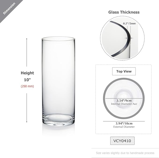 WGVI Quality Thick Weighted Clear Cylinder Glass Vases, 4" W x 10" H, Flower Arrangement Floating Candle Holders Wedding Centerpieces Terrarium Planter Floral Storage Container, Bulk Wholesale, 6 Pcs